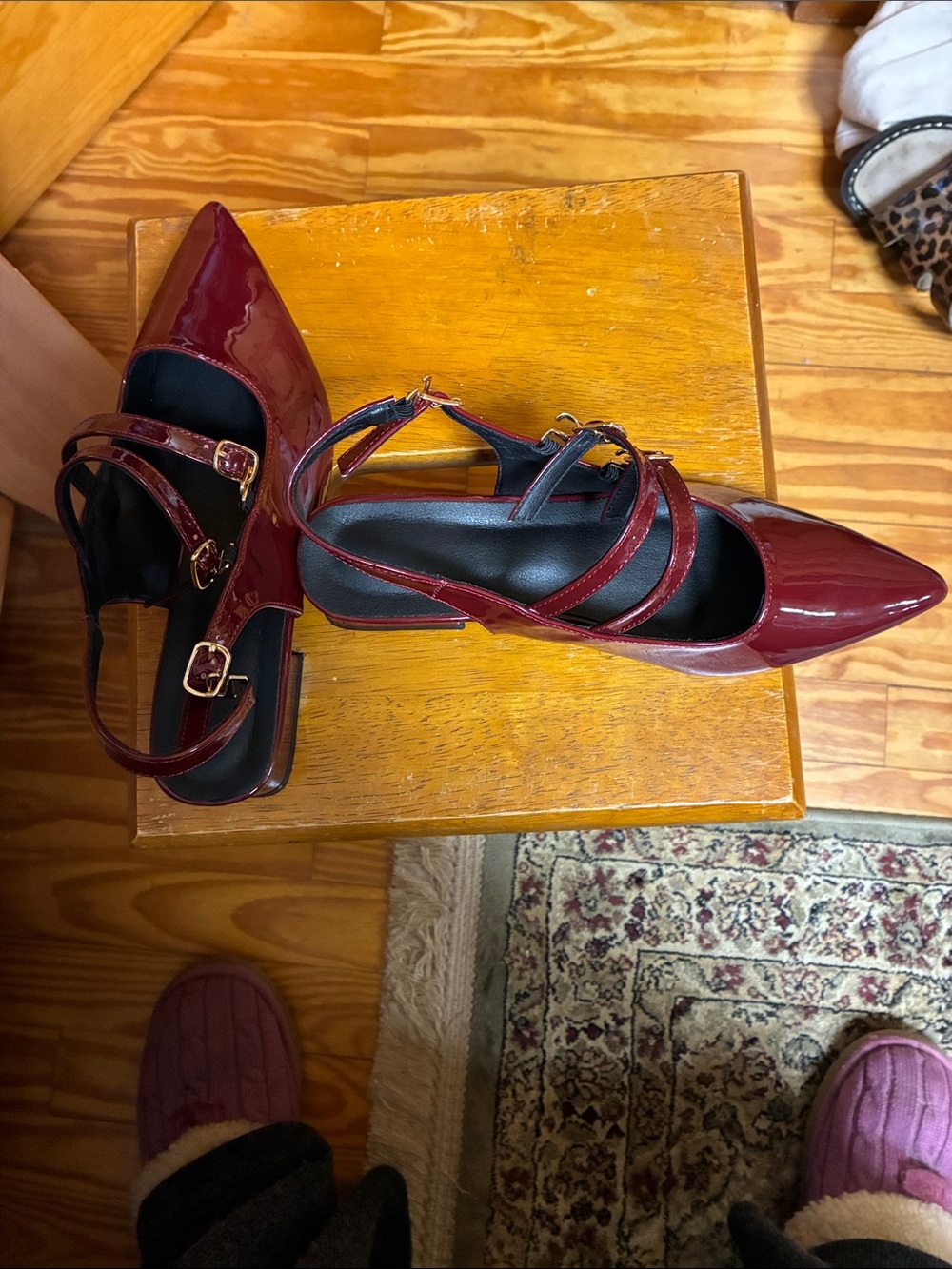 Patent Pointed-Toe Strappy Heels in Burgundy